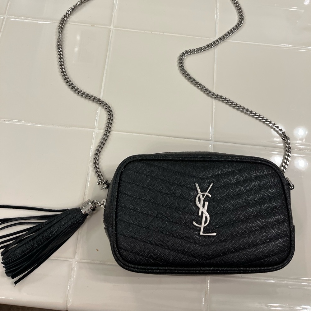 Ysl Mini Lou camera bag in silver hardware.